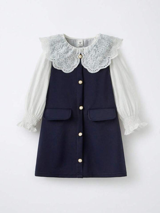 Ensemble 2 pièces robe chasuble marine & blouse col claudine broderie anglaise