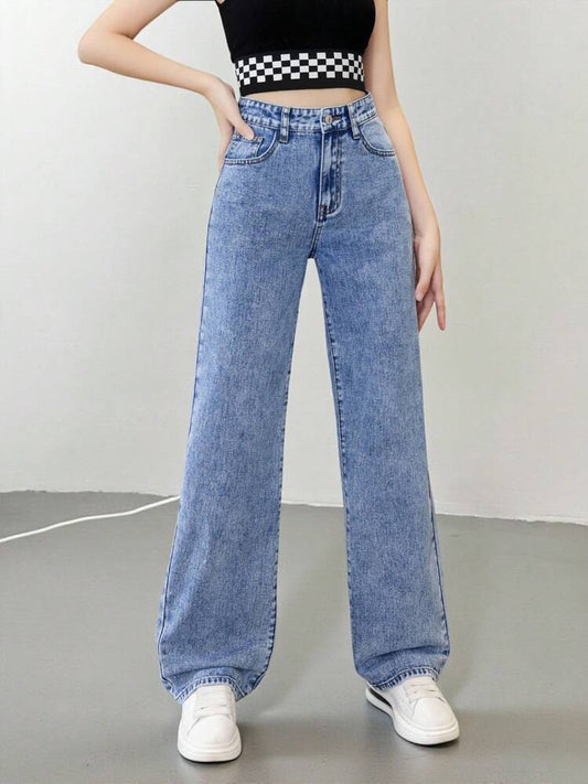 Jean Wide Leg Taille Haute – Denim Délavé Vintage
