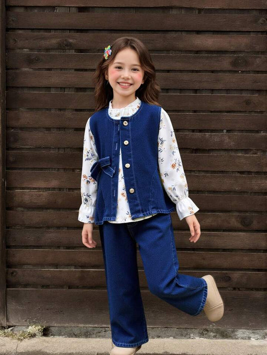 Ensemble 3 pièces denim & fleuri – Blouse col montant fleurs délicates + Gilet sans manches noué + Pantalon large bleu roi – Style bohème chic