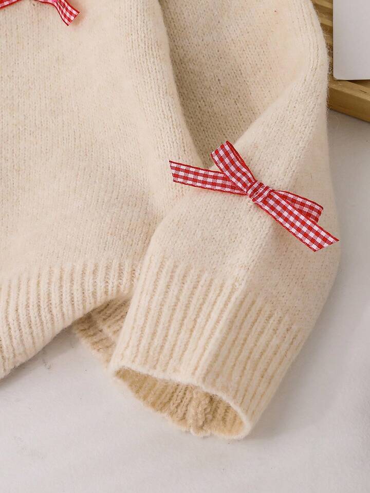 cardigan maille nude à grand col dentelle guipure et nœuds vichy rouge