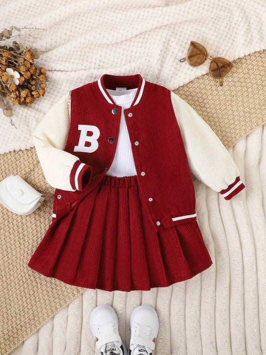Ensemble Automne-Hiver Fille - Veste Style Baseball et Jupe Bordeaux