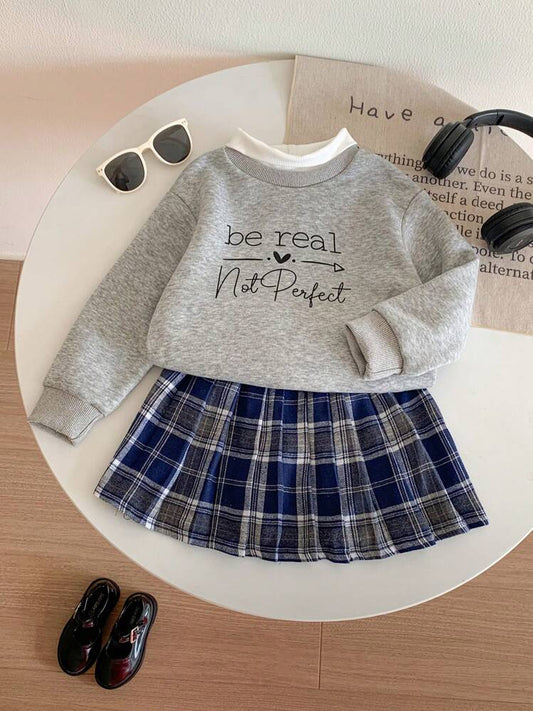 Ensemble 2 Pièces Fille : Sweat "Be Real" & Jupe Plissée Écossaise